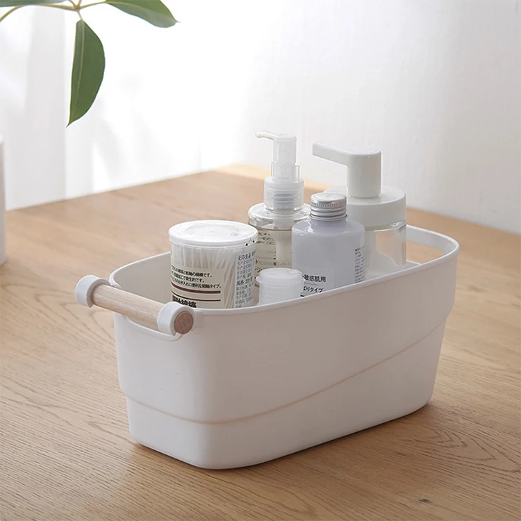 

Wholesale Small Desktop Cosmetics Organizer Household Plastic Basket with Wood Handle, White