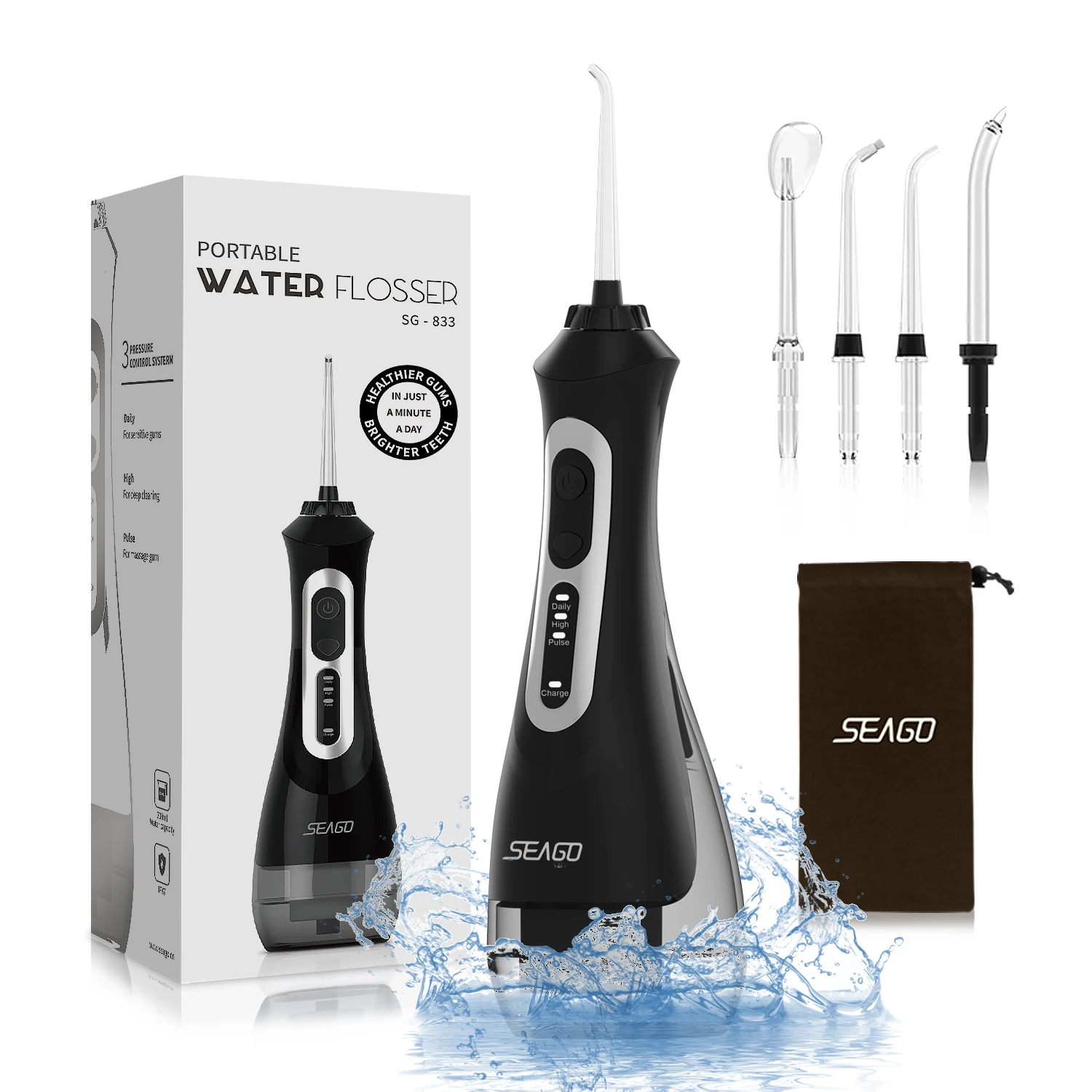 

SEAGO SG833 Teeth Cleaner 200ML 3 Modes Rechargeable Water Dental Flosser Oral Irrigator With 5 Jet Tips
