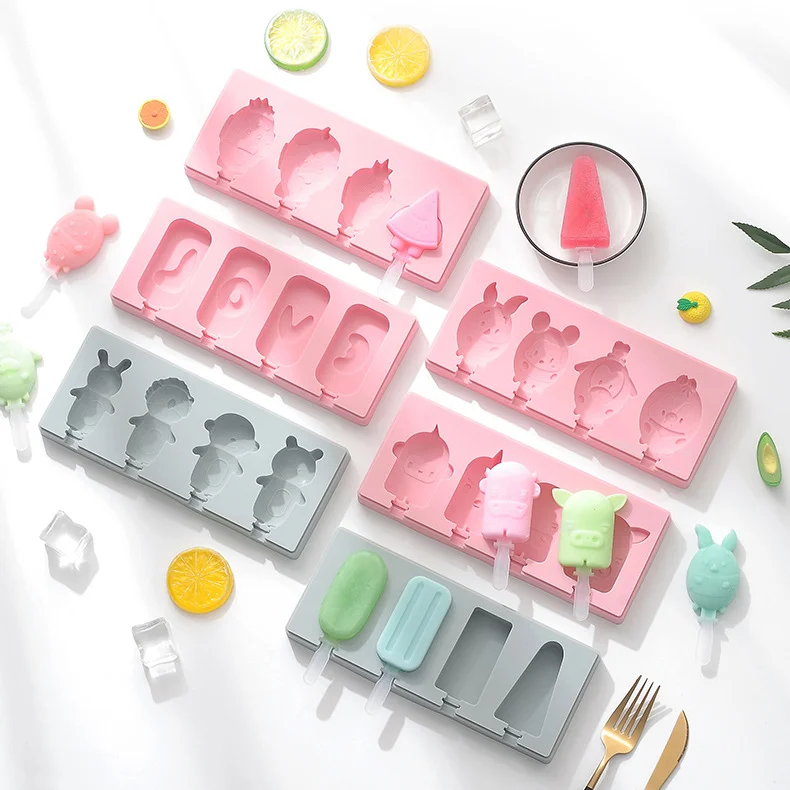 

4 Cavities DIY ECO Cute Reusable Sticker Ice Lolly Cream freezer Display Case Tray Maker Mould Silicone Popsicle Mold