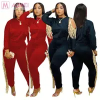 

M7027 wholesale price lose shoulder tassel leisure solid women 2020 two piece pants suit set