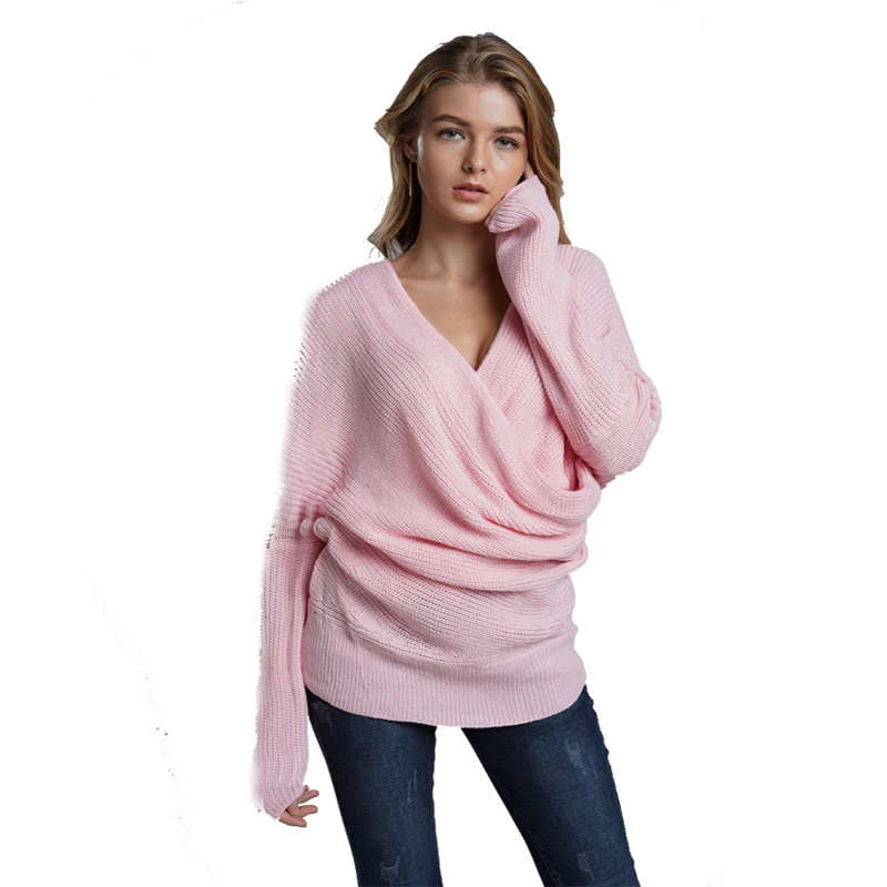 

wholesale New solid color front cross deep v neck sexy party sweater women casual knit pullover 100% acrylic