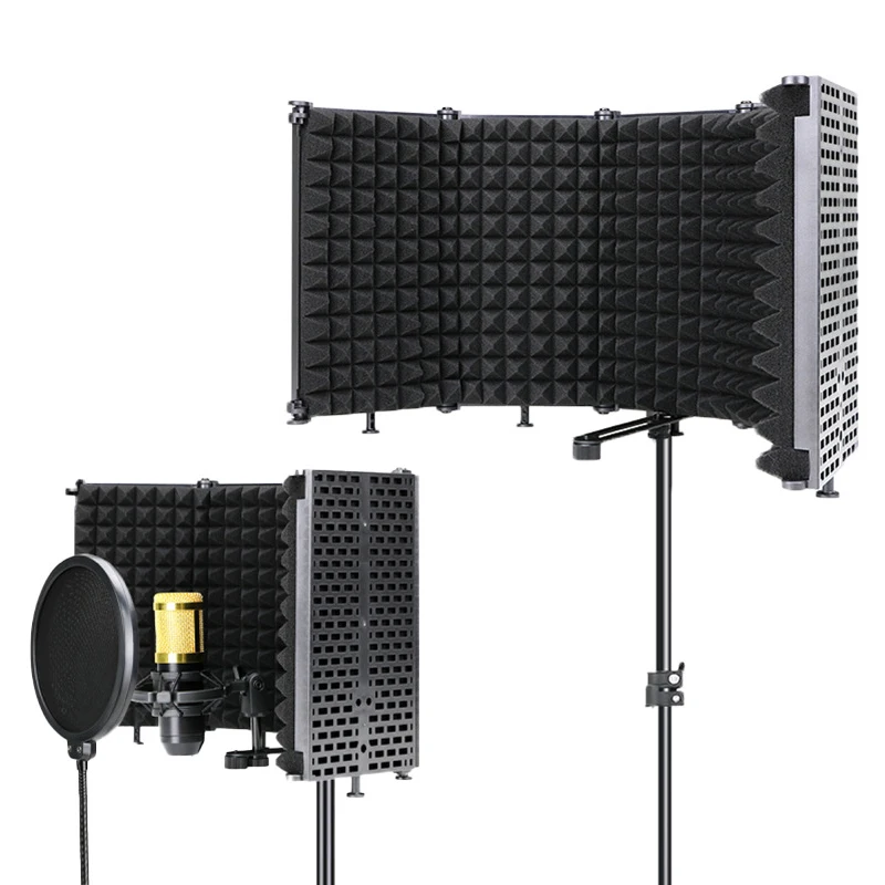 

Plastic five panel desktop recording soundproof cover sound isolation microphone shield studio, Black