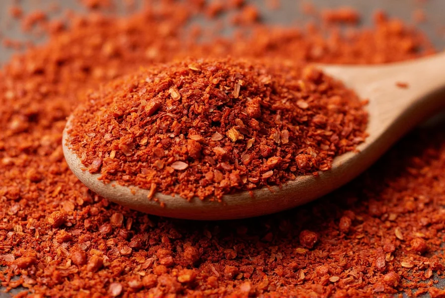 Close-up of authentic Aleppo pepper flakes showing coarse texture and vibrant red color on wooden spoon