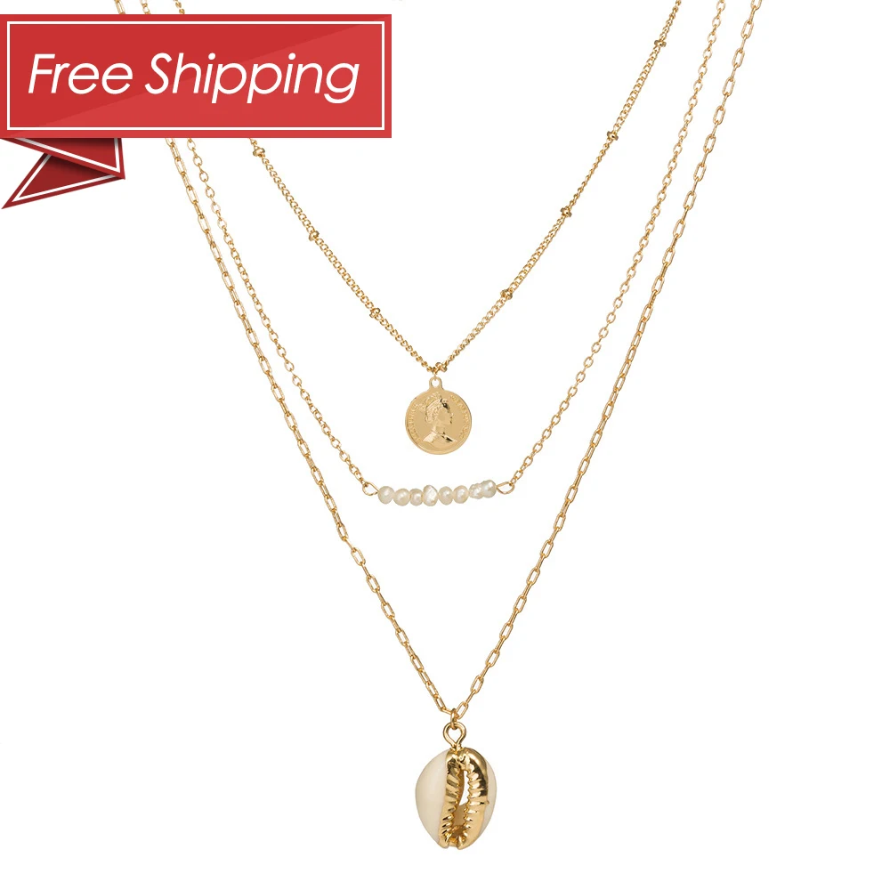 

USA Free shipping gold plated multi layer coin pendant natural pearl shell necklace