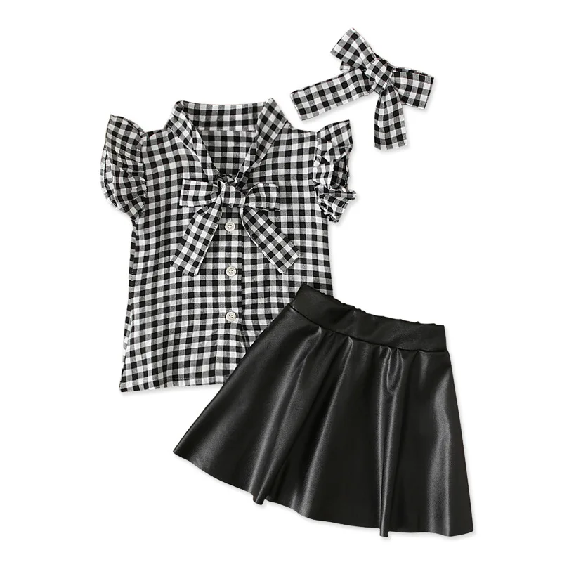 

Baby Girls Outfit Kids Plaid Bow Tie Tops T-Shirt Black Pu Skirt Headbands 3Pcs/Set Cotton Boutique Children Clothing Sets M237