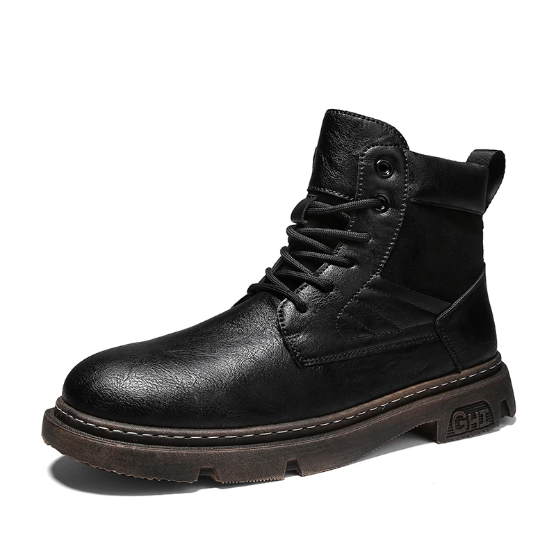 

Hot Sale Casual Motorcycle Boots Retro British Martin Boots Fashion Comfortable High-top Leather Men's Boots, Black, brown,black&brown