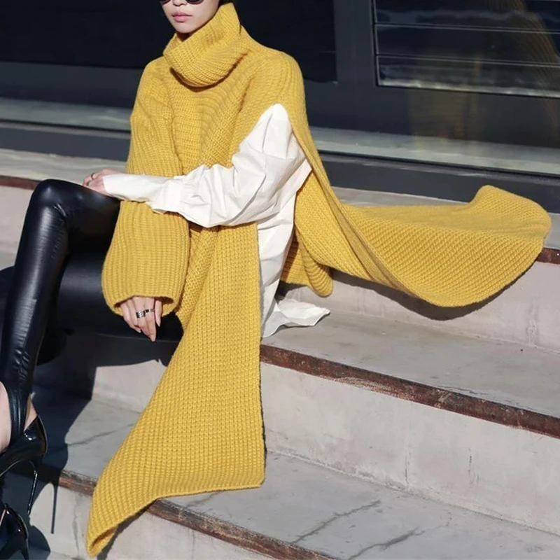 

2021 Autumn Warm Long Sleeve Cardigan Sweater Women Fashion Oversized Pullover Asymmetric Split Knit Cape Sweater, Picture