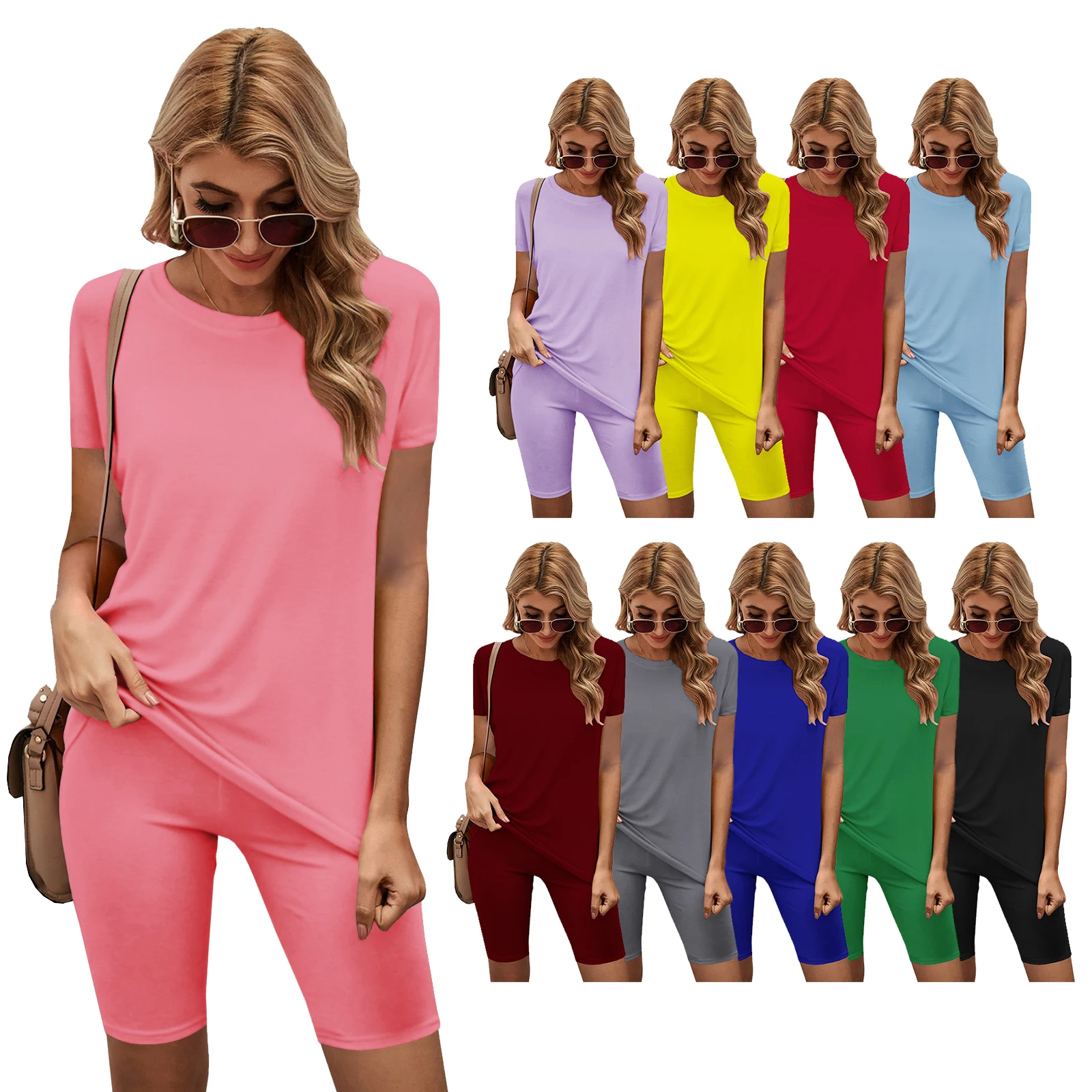 

2021 summer women's casual short pants two piece Set Solid Color Sports T-shirt knitting