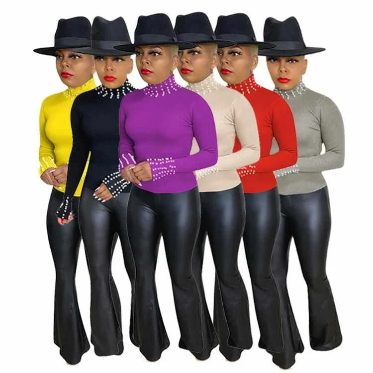 

Womens Winter Clothing 2020 Beading Long Sleeve T Shirt Women Sweatshirt Tops