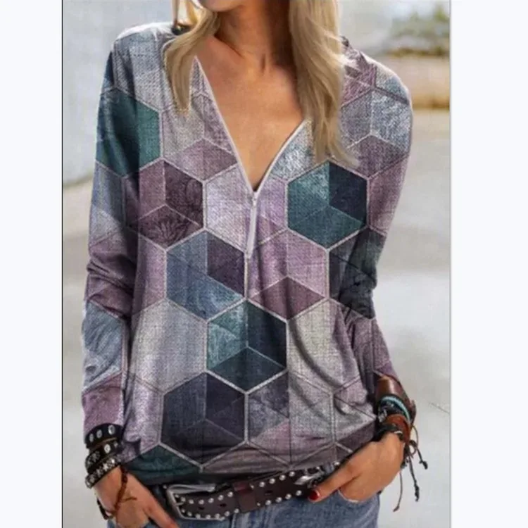 

2021 women's hot style street hipster geometric cube printing V-neck zipper shirt long-sleeved T-shirt women, Picture color