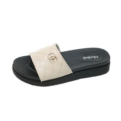 

The new summer style is comfortable and casual and simple to wear home beach chunky soled female slippers, Green, black, beige, brown