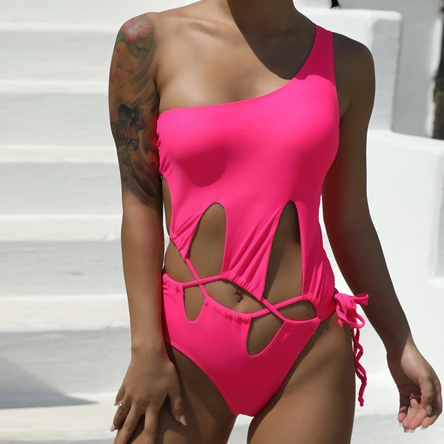 

Chic Hollow Out Solid One Pieces Designer Swimsuit Charming One Shoulder Cut Out Top Swimsuit Daily Beach Wear -SM, Black,rose red