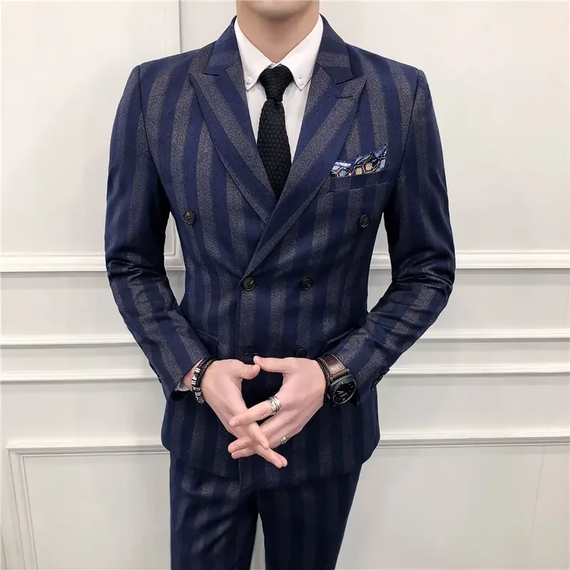 Suit Set Slim Fit Suits Groom Wedding Three Piece Dress Blazzer Vest Pant Men's Double Breasted Striped Men's Business Casual