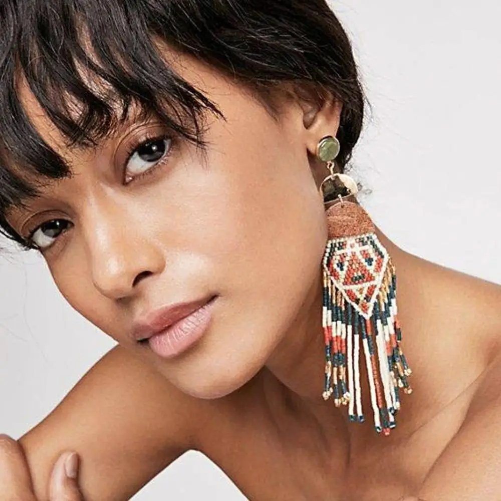 

Multicolor Beads Statement Dangle Earrings Jewelry Bohemian Handmade Beaded Long Tassel Earrings For Women