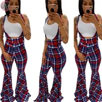 

9082805 new stylish casual plaid print flare Bodysuit sleeveless women fashion jumpsuit