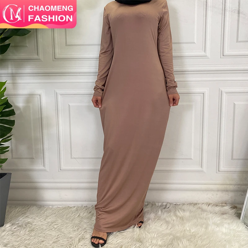 

6435# New Full Elastic Bodycon Dress Long Sleeve Plain Color Open Abaya Matching Inner Dresses Classic Collection, Pink,blue, beige,red, black,brown, gray, white