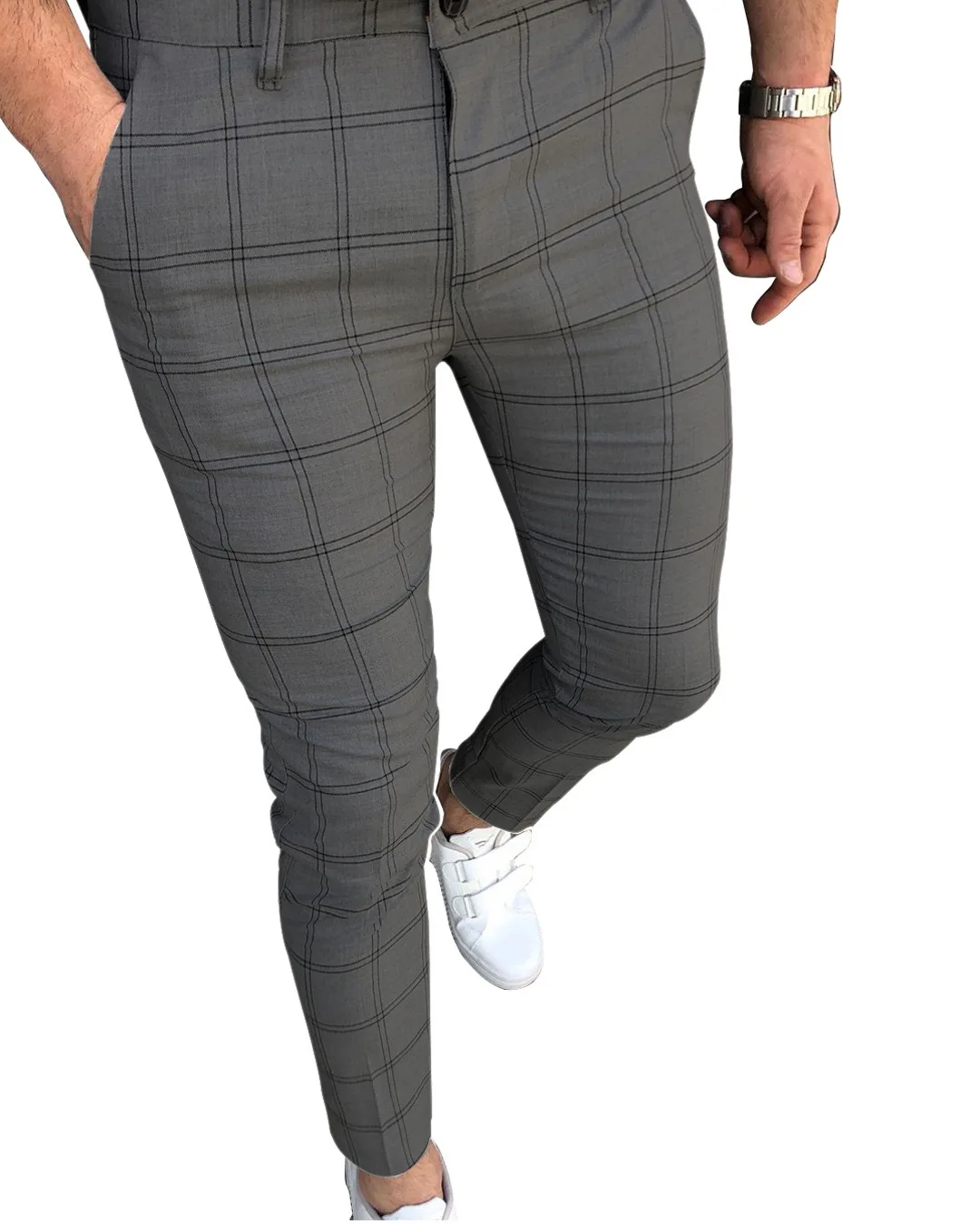 

Men Cotton Casual Long Pants Plaid Striped Trousers