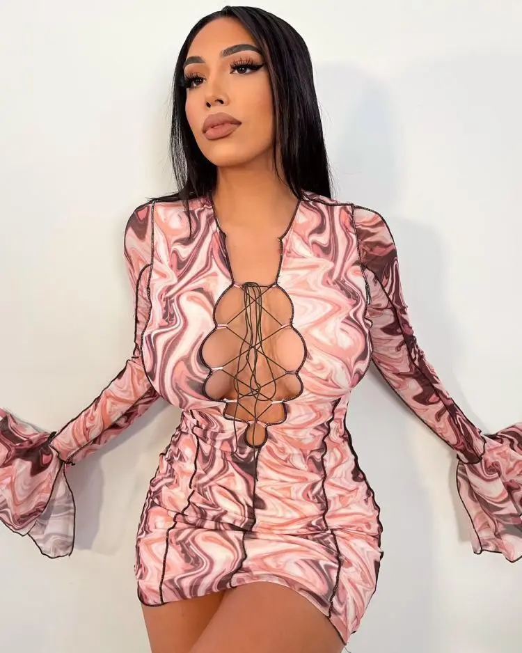 

H6208 - women casual fit flare sleeve strap printed mini dresses