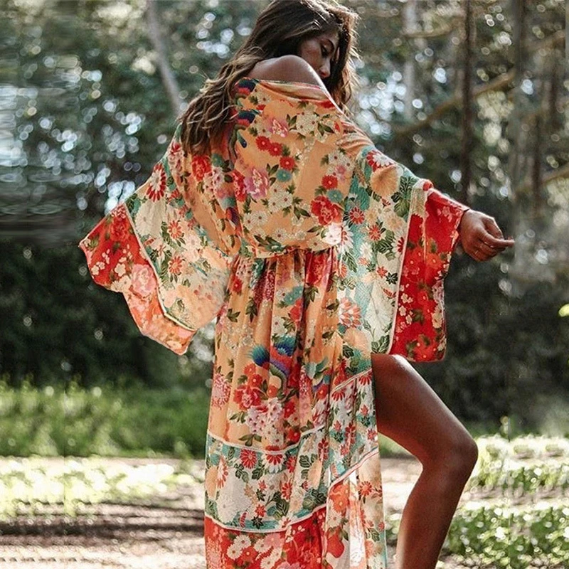 

Print Floral Beachwear Cover Up New Chiffon Bikini Dress Tunics For Women Beach Long Kaftan Cover Ups Robe de Plage Sarong