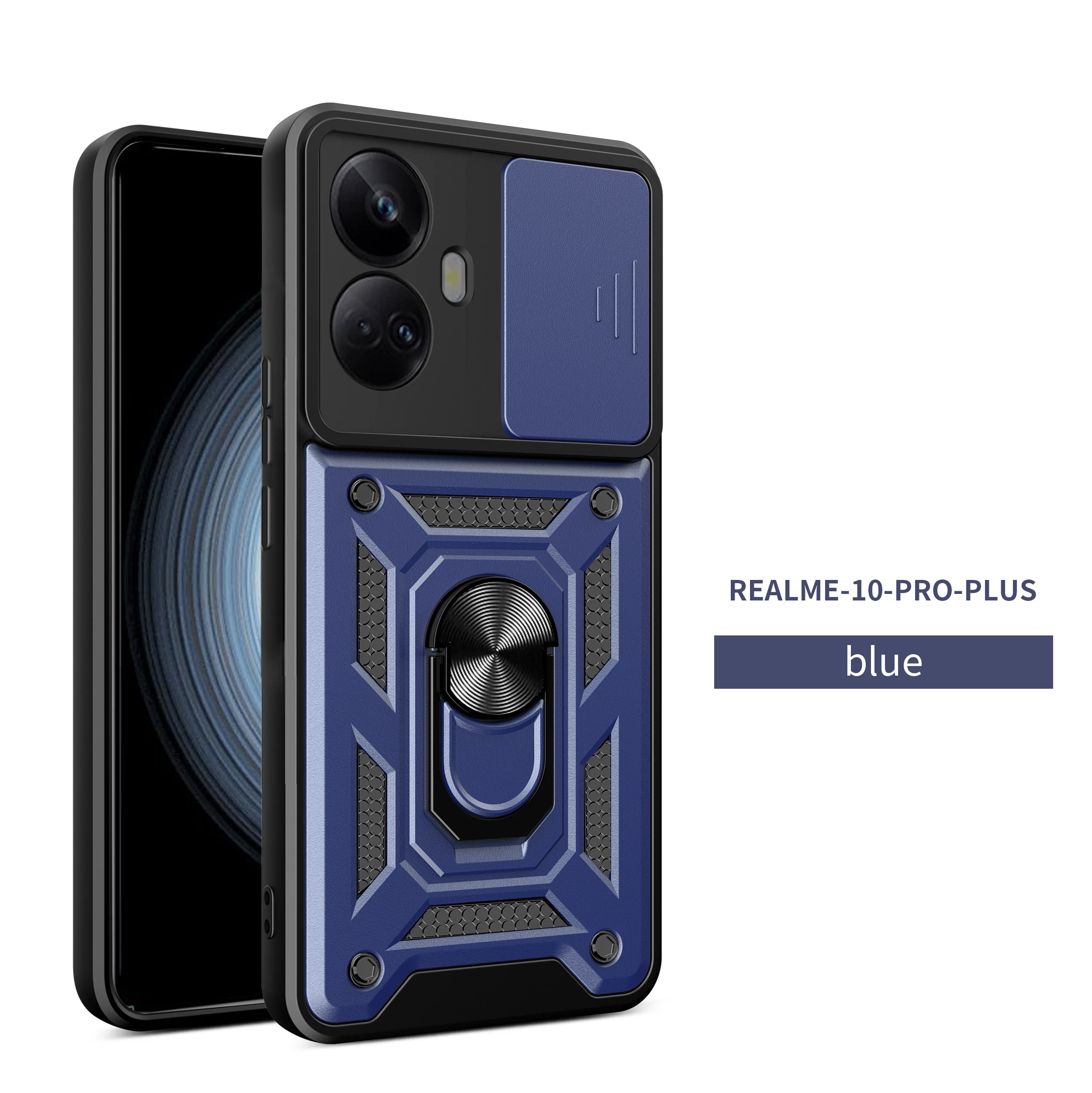 

For realme 10 pro case with Camera Slide Lens Cover + Built-in 360 Rotate Ring Stand Armor case for for realme 10 plus