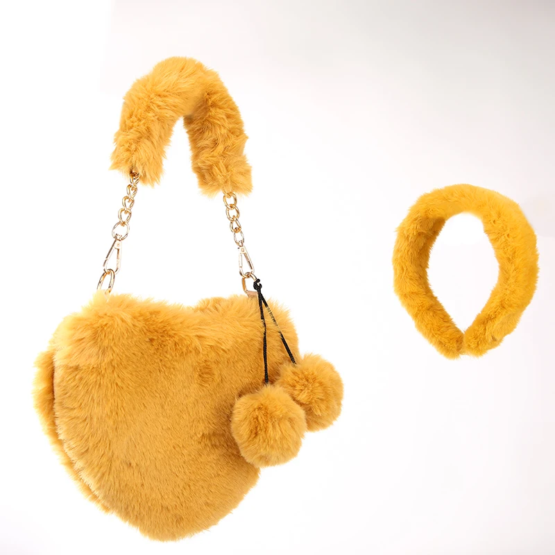 

2021 New Arrivals Fur Headband and Purse Set Fashion Furry Women Winter Heart Shaped Handbags, Black, red, white, khaki, yellow, light pink, dark pink