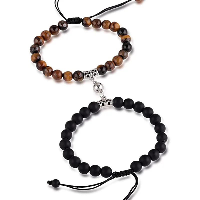 

Pulsera De Piedra Stone Beads Black Wax Adjustable Social Rope Bracelet Braided Magnetic Clasps Couple Bracelet Long Distance