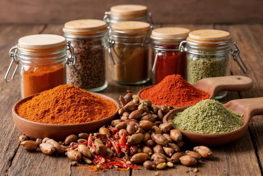 Various spice jars including chili powder, garam masala, and coriander arranged on wooden table