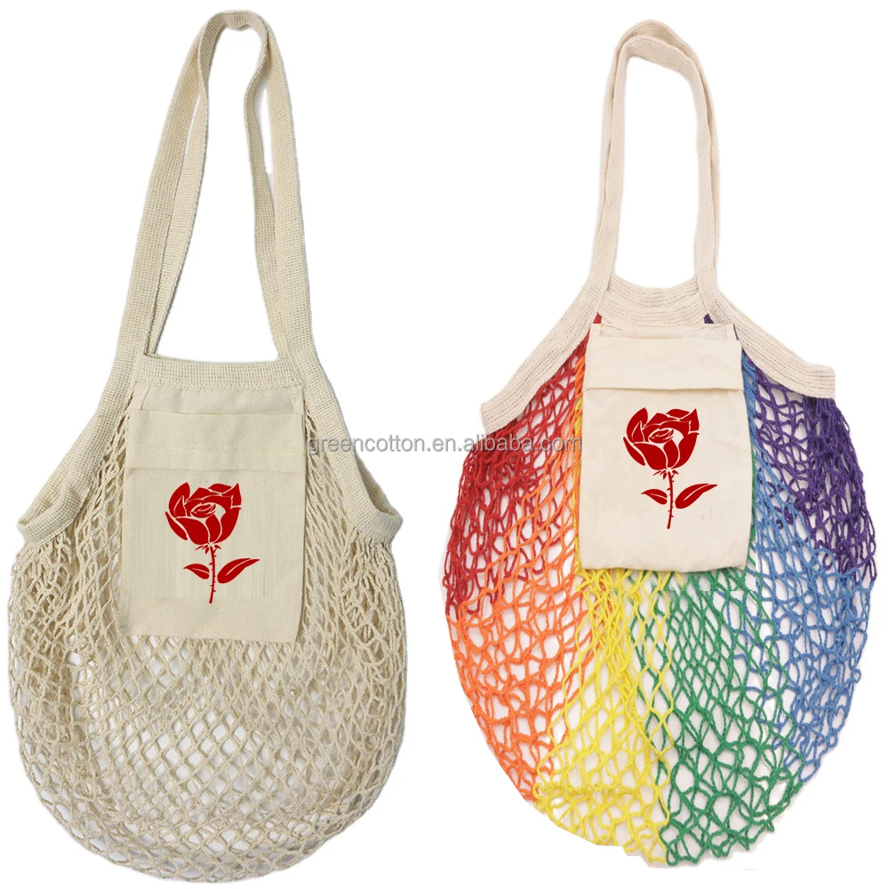 

greencotton eco friendly custom logo reusable foldable 100% cotton mesh net bag long handle shopping tote bag for foods, Beige, red, yellow, pink, black, etc or customize
