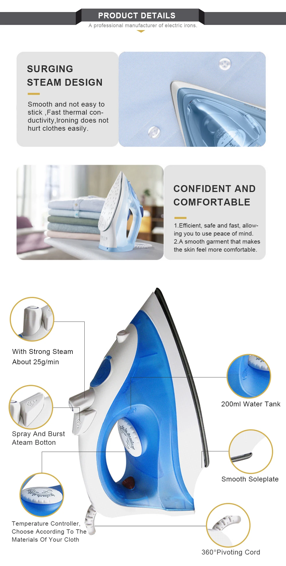 Variable Household Steam Settings Press Electric Steam Iron T607b