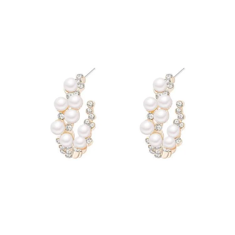 

Baroque Style Crystal Simulated Pearl C-shaped Hoop Earrings For Women Korean Earings 2021, Gold color