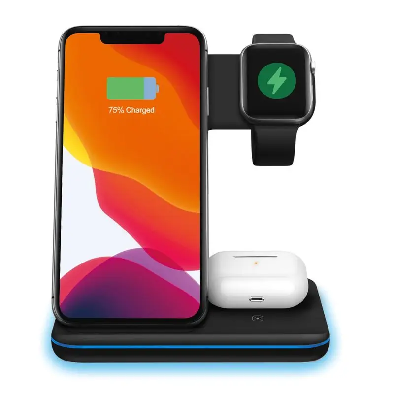 

3 in 1 10W Fast Wireless Charger Dock Station Fast Charging For iPhone 12 for Apple Watch 2 3 4 For AirPods For Samsung, Black