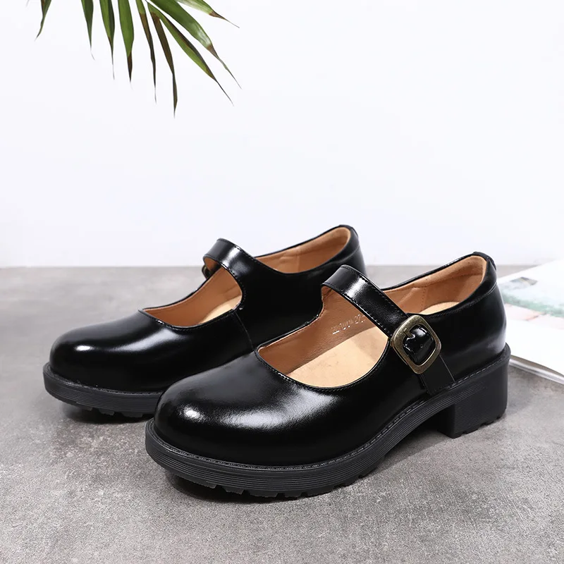 

S0001B Hot selling wild round toe thick bottom leather soft girl cute lolita woman leather women's casual shoes