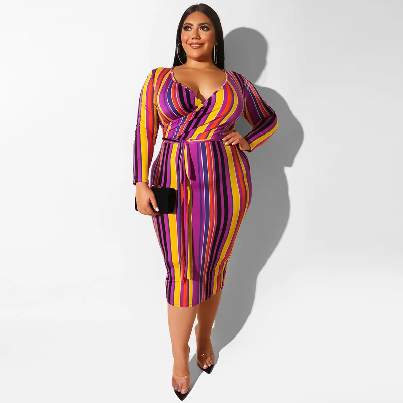 

2021 new trend Summer Color tight-fitting bag hip V-neck with belt Dress Women Casual Dress Plus Size Women Clothing
