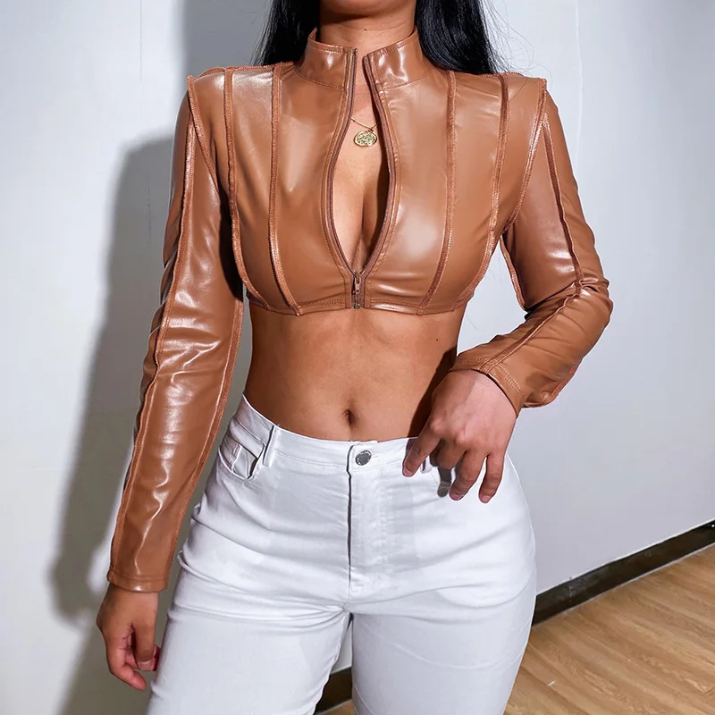

Fall Winter Clothing 2021 Wholesale Zip Up Long Sleeve Crop Women Leather Jacket