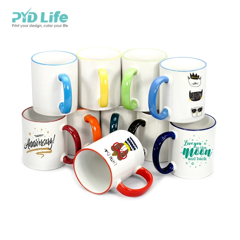 

2021 PYD Life Amazon Hot Sale Sublimation Mugs 11oz Rim Handle Ceramic Custom Coffee Mugs, 10 colors