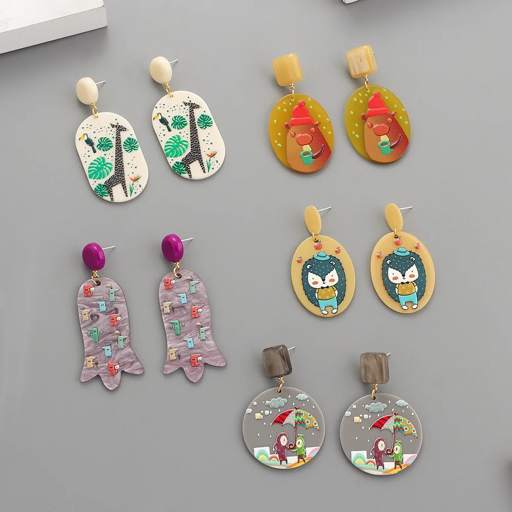

Creative Design Women Girls Colorful Resin Acrylic Dangle Earrings Cute Custom Cartoon Animal Print Pattern Drop Earrings