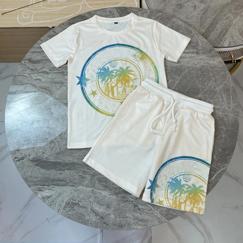 

MOQ 1 PCS 2022 Summer New Tree Printed T-Shirt with Pants 2 PCS Sets For Boy Letter Printed High end Clothing Sets For Kids