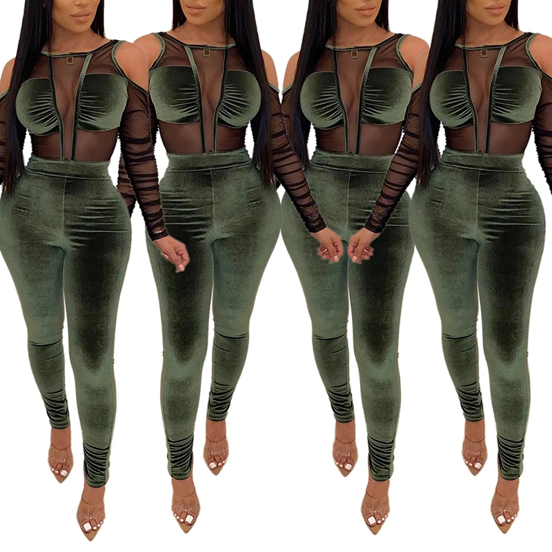 

Hot Selling New Fall Long Sleeve Sexy Mesh Top and Pants 2 Piece Set Women Clothing, Wine red, army green, blue, black