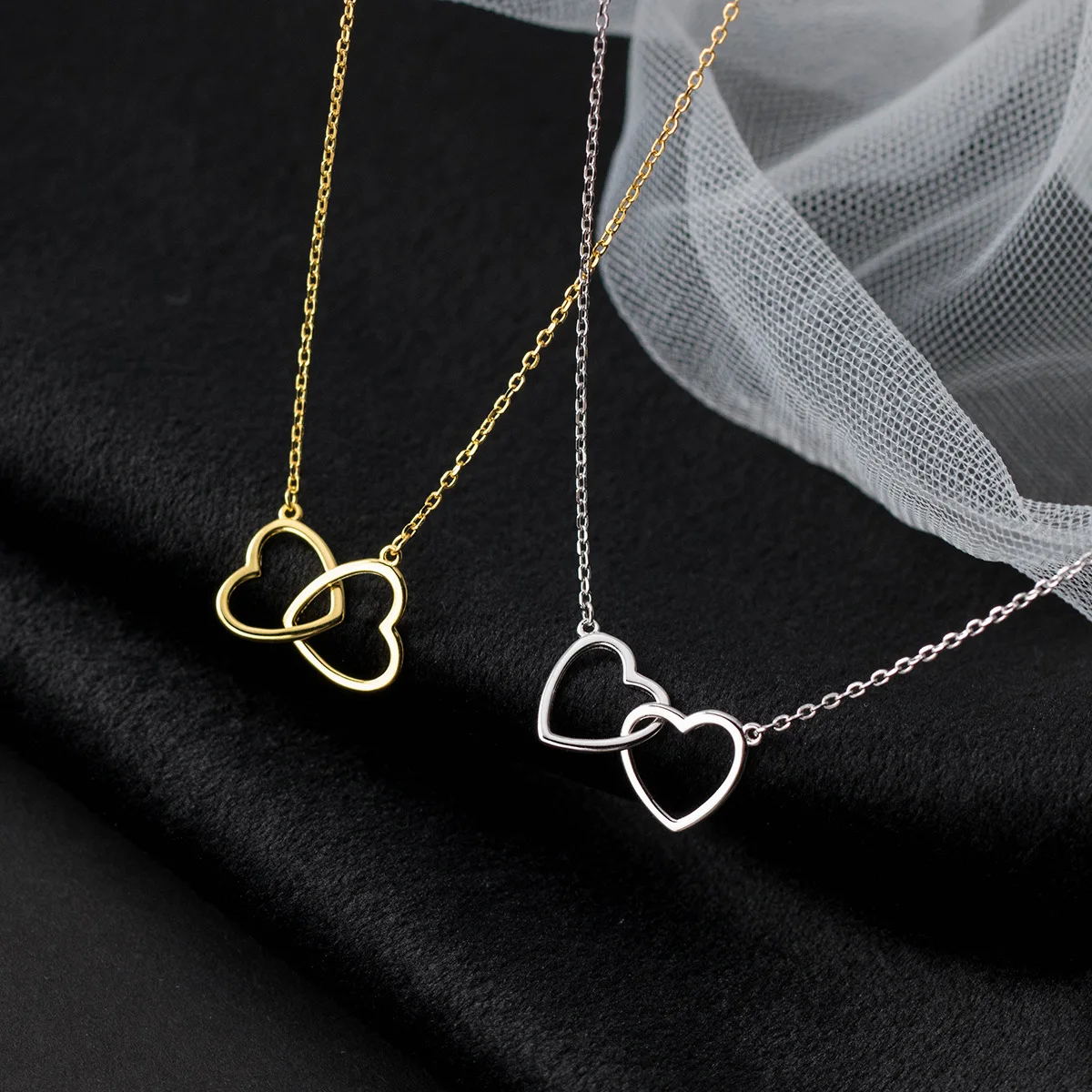 Fashion Pendant Necklaces 925 Sterling Silver Heart Necklace Two Double Plain Hearts Gold Plated Necklaces for Women