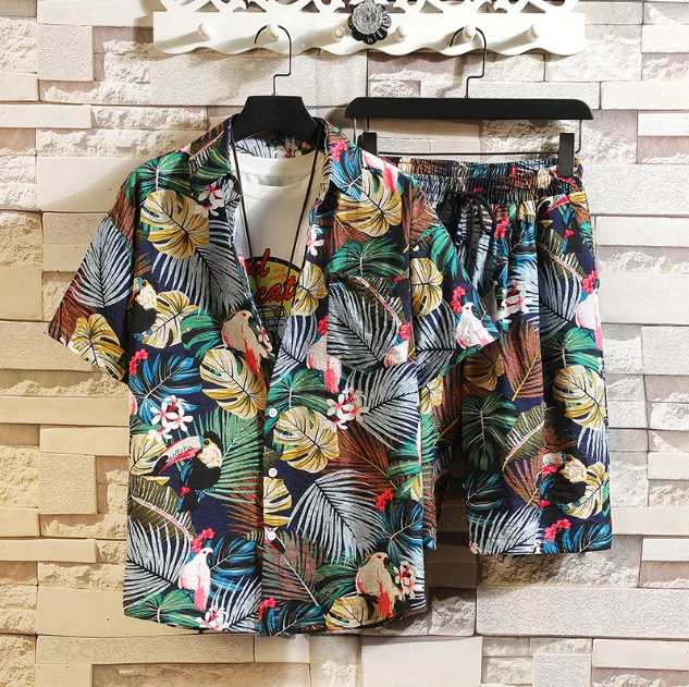 

HG High Quality Custom Summer Men Hawaiian Style Printing Short Sleeve Men Beach Hawaii Shirt Button Shirt And Beach Shorts Set, Request