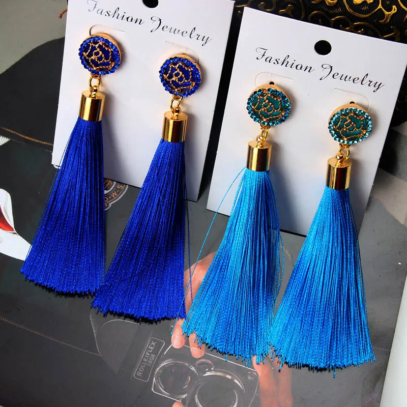

Fashion Gold Rose flower Metal Long Fan Tassel Drop Earrings For Women