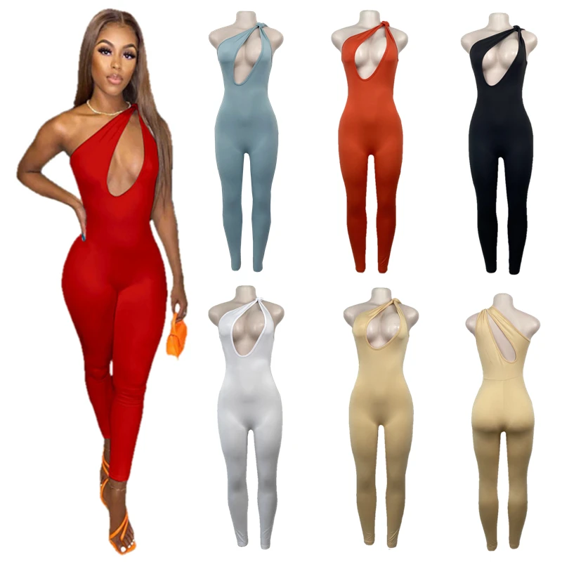 

Cut Out Skinny Women Rompers 2021 sexy hollow out Playsuits one shoulder bodysuits One Piece Streetwear Outfit