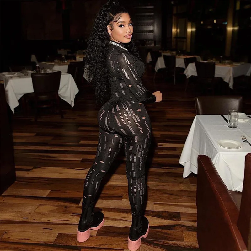 

M3587 - sexy hollow out solid color long sleeve sport women jumpsuits