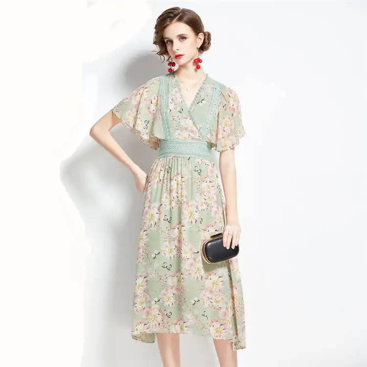 

Wholesale European Women Apparel Ruffle V Neck Lace Patchwork Floral Print Chiffon Dress