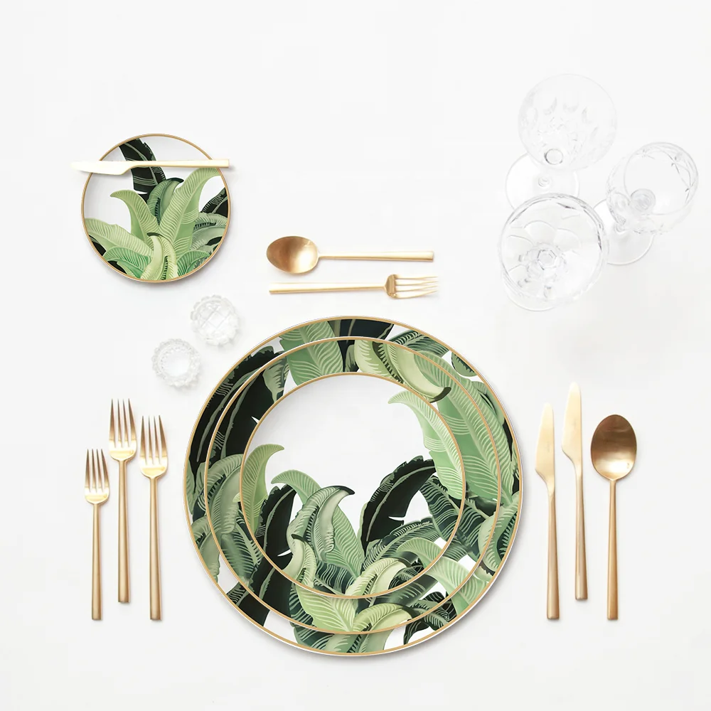 

Leaf Design Charger Custom Print Ceramic Party Dinner Plates Set, Green