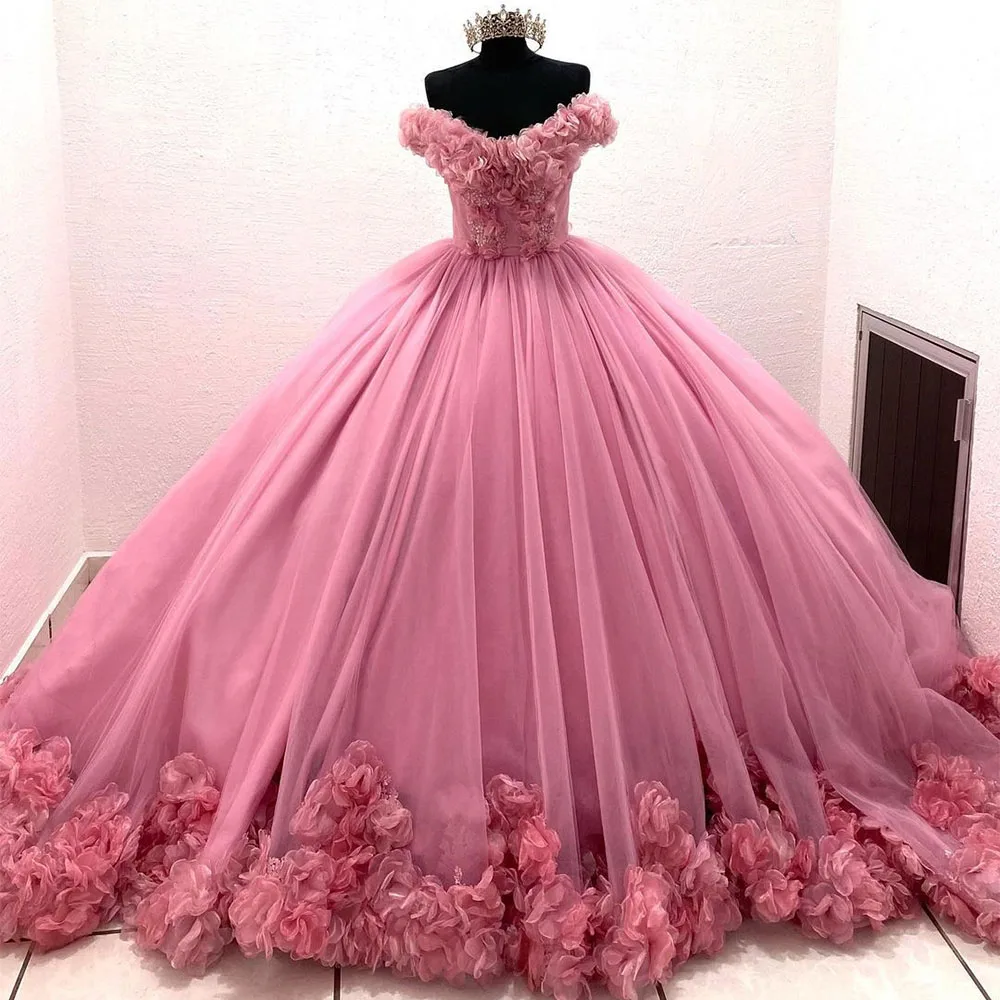 

QD1544 Pink Ball Gown Quinceanera Dresses 15 Party Formal 3D Flowers Lace Applique Princess Cinderella Birthday Gowns, Default or custom