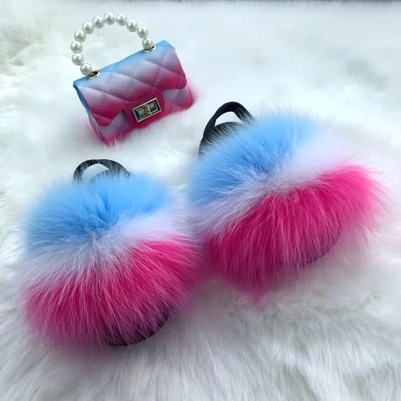 

2022 wholesale fox fur slipper with strap mini handbag baby kids little girl fur slides and matching jelly purse sets, Picture color