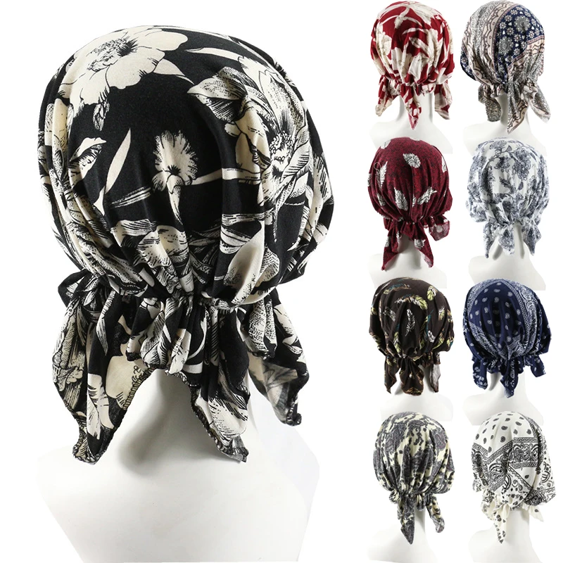 Custom Sleep Women Hijab Paisley Flower Floral Turban Pre Tied Head Scarves Beanie Bandana