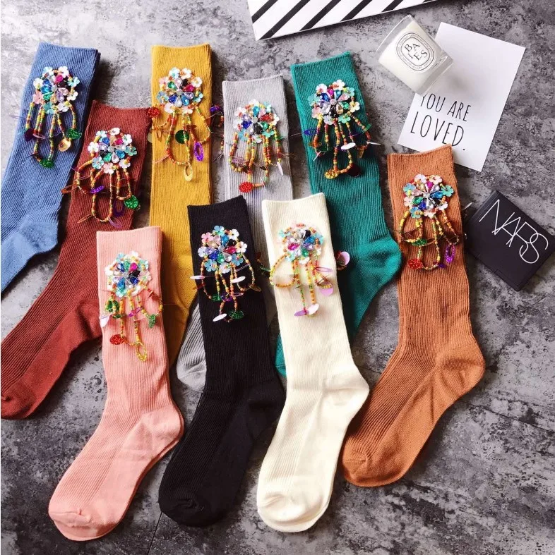 

Glitter Colorful Flower Floral Pattern Cotton Tube Crew Girls Women Sequin Socks, 7 colors