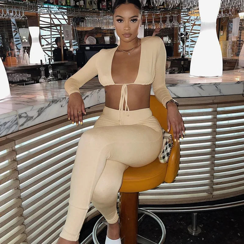 

SET2223 Hot Sales 2021 Fashion Bandage Crop Top 2 Piece Set Fall Outfits Two Piece Pants Set, As show